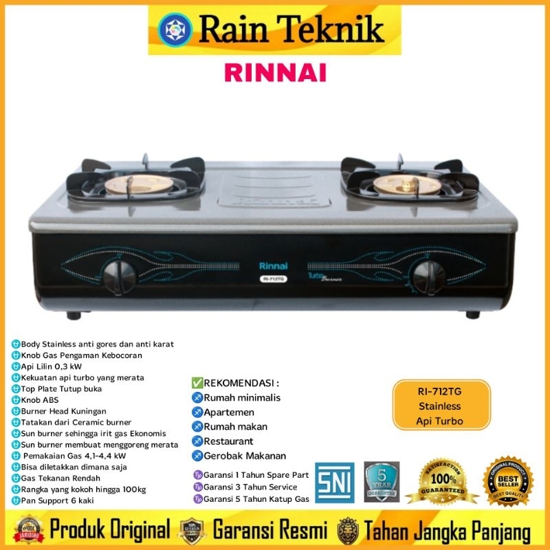 Kompor Gas Rinnai Turbo Burner RI-712TG Stainless (2 Tungku) Api Lilin / Kompor Gas Rumah Anti Gores