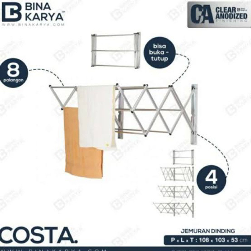 JEMURAN TEMPEL TARIK ALUMUNIUM JEMURAN DINDING COSTA LIPAT 2 STEP PANJANG PENDEK