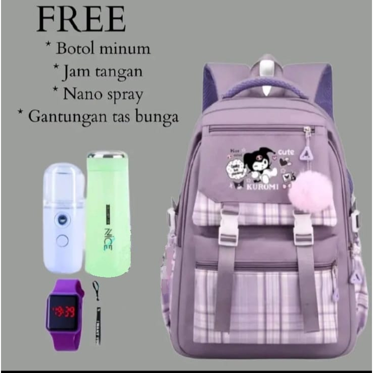 BANYAK BONUSNYA Tas Ransel Sekolah Anak Perempuan 5 in 1 "KUROMI CUTE" Free Botol Minum+Jam LED+Nano