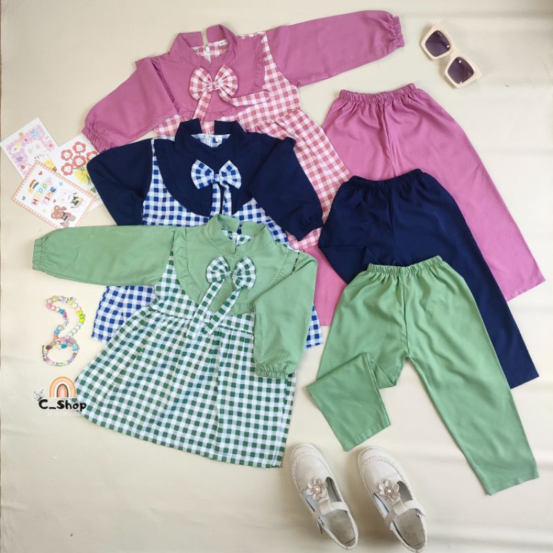 Elina one set setelan TUNIK PITA 2-10 tahun / setelan zavina haruka panjang / dress pita anak 7 8 9