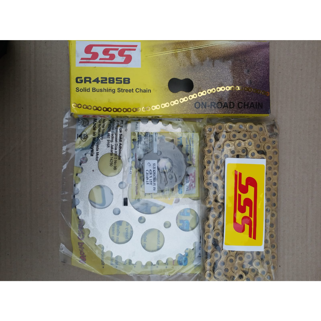 Gear Set SSS 428(Tebal) dan Rantai Gold SSS SB Satria Fu 150 2002 sd 2012 (Fu Old), Satria Fu 2013 B