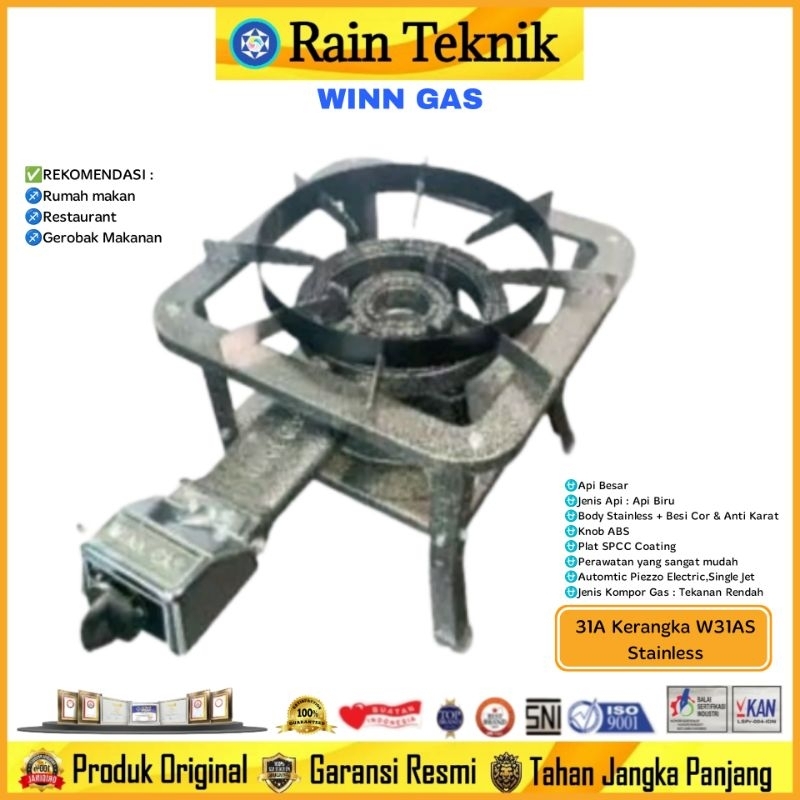 Kompor Gas Komersil 1 Tungku Winn Gas 31-A dengan KERANGKA W31AS Stainless Tekanan Rendah Api Besar 