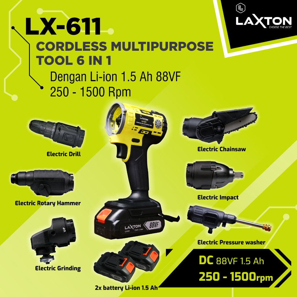 LAXTON mesin 6 in 1 Bor, Gerinda, Jet cleaner, Impact wrench, Chainsaw, Rotary Hammer LX611