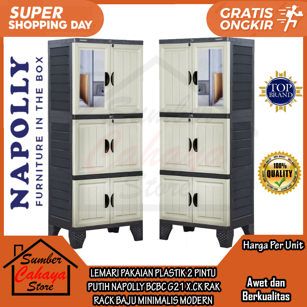 [Instan] LEMARI PAKAIAN PLASTIK 2 PINTU PUTIH NAPOLLY BCBC G21 X.CK ALMARI RAK BAJU MINIMALIS MODERN
