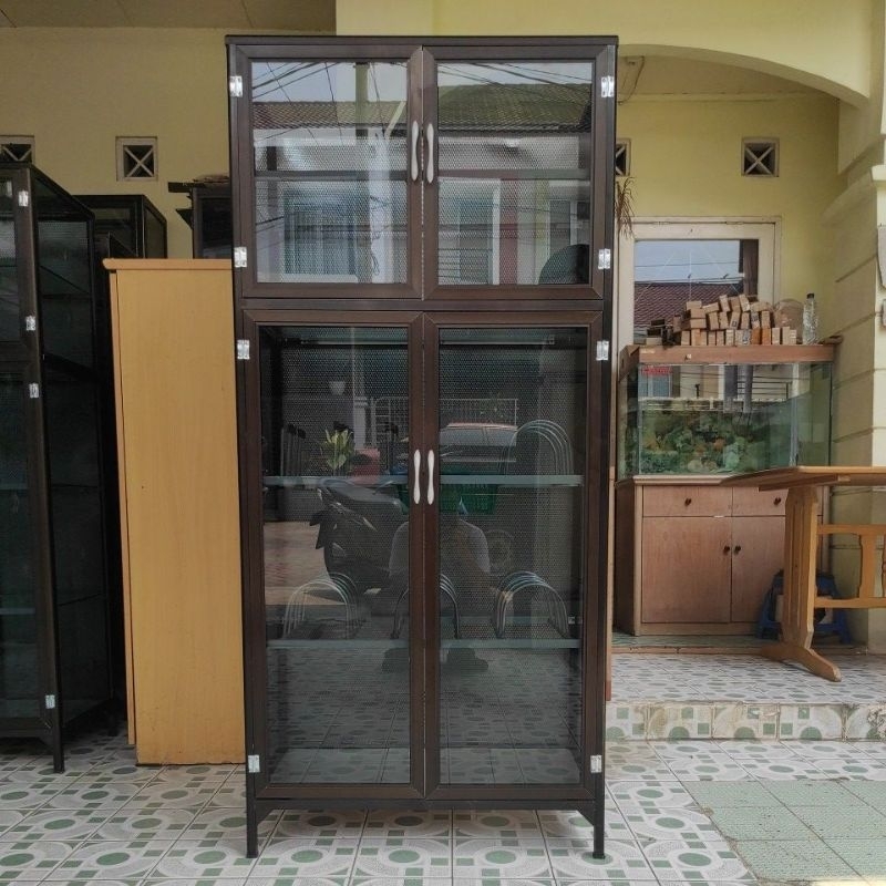 MCW furniture-RP2PAC/Lemari Rak Piring Dapur Full Aluminium Kotak Tebal Kaca Riben Model 2 Pintu & 3