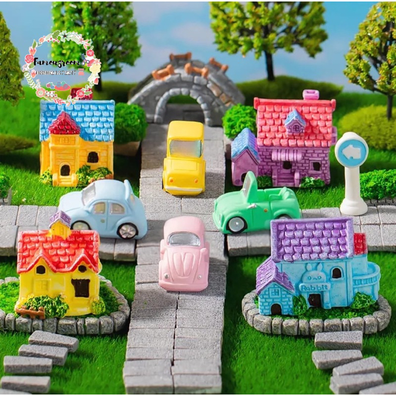 Miniatur Ornamen Rumah Villa - Miniatur Mobil Retro - Miniatur Jembatan - Landscape Ornament - Maina