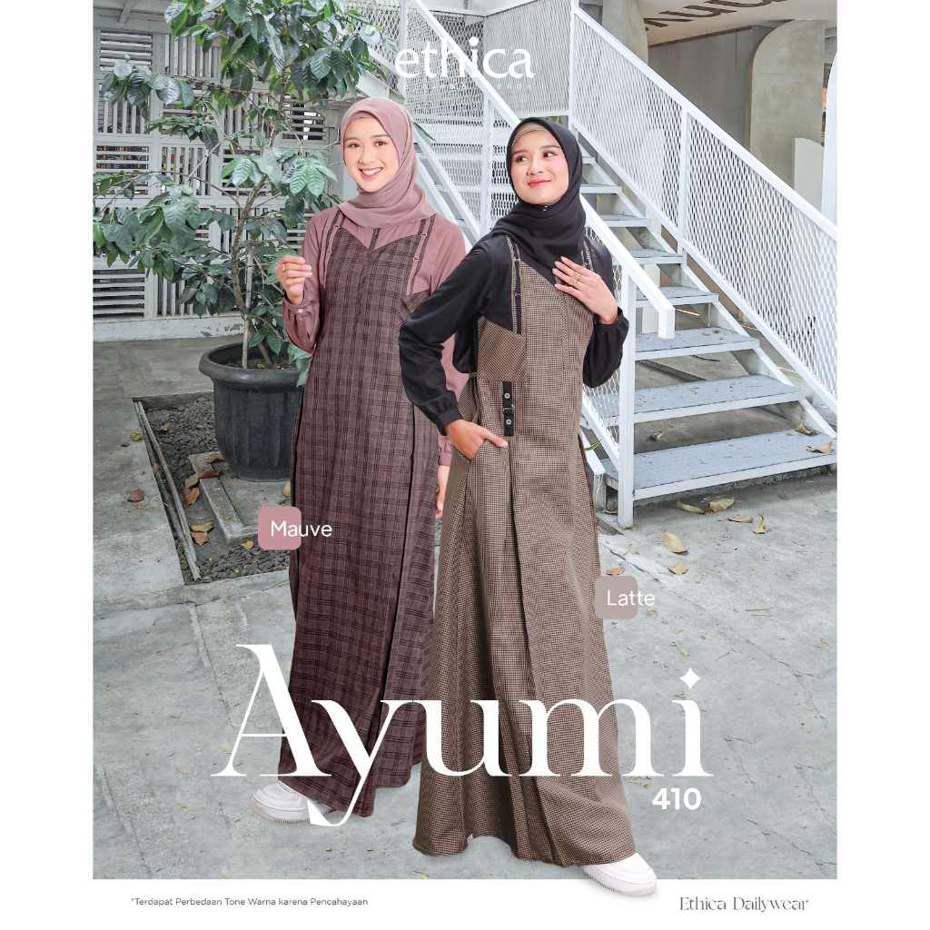 Ethica-Ayumi 410 Mauve-Latte Gamis Wanita Dewasa Motif Kotak Kombinasi Polos Dress Muslimah Akhwat Remaja Casual Trendy OOTD Kekinian