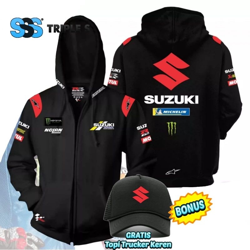 JAKET RESLETING SUZUKI RR GSX RACING TEAM HOODIE ZIPPER BONUS TOPI