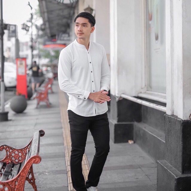ALJOSA Kemeja Polos Pria Shanghai Putih Lengan Panjang Pria Kerah Koko Grandad Slimfit