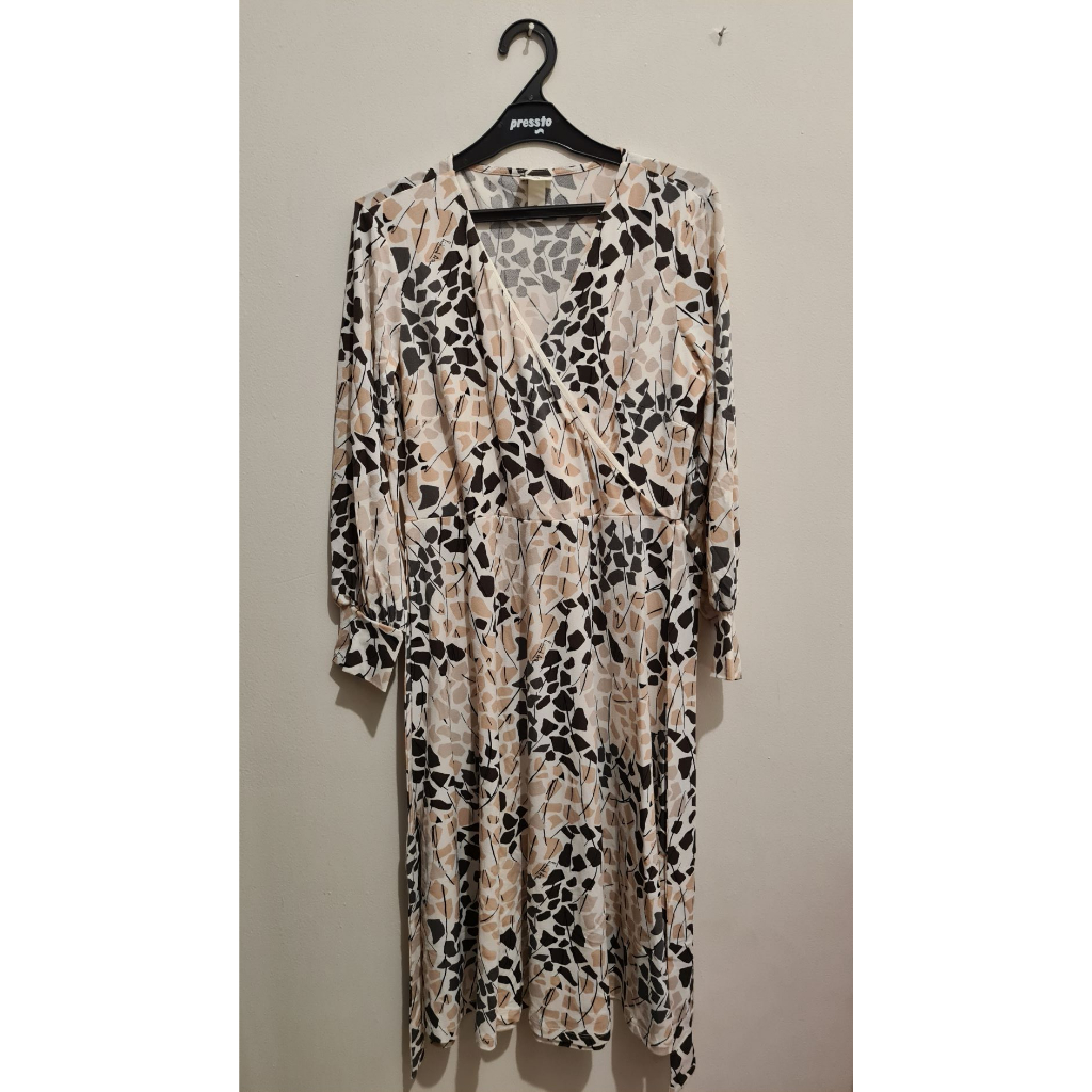 H&M Multicolour Cream Midi Dress Gaun Baju Rok Krem Wanita Pendek