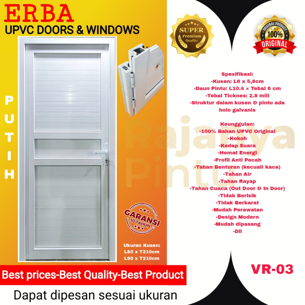 Pintu Utama/PintuKamar/PintuKantor-UPVC ERBA Super Premium-VR 03-Putih