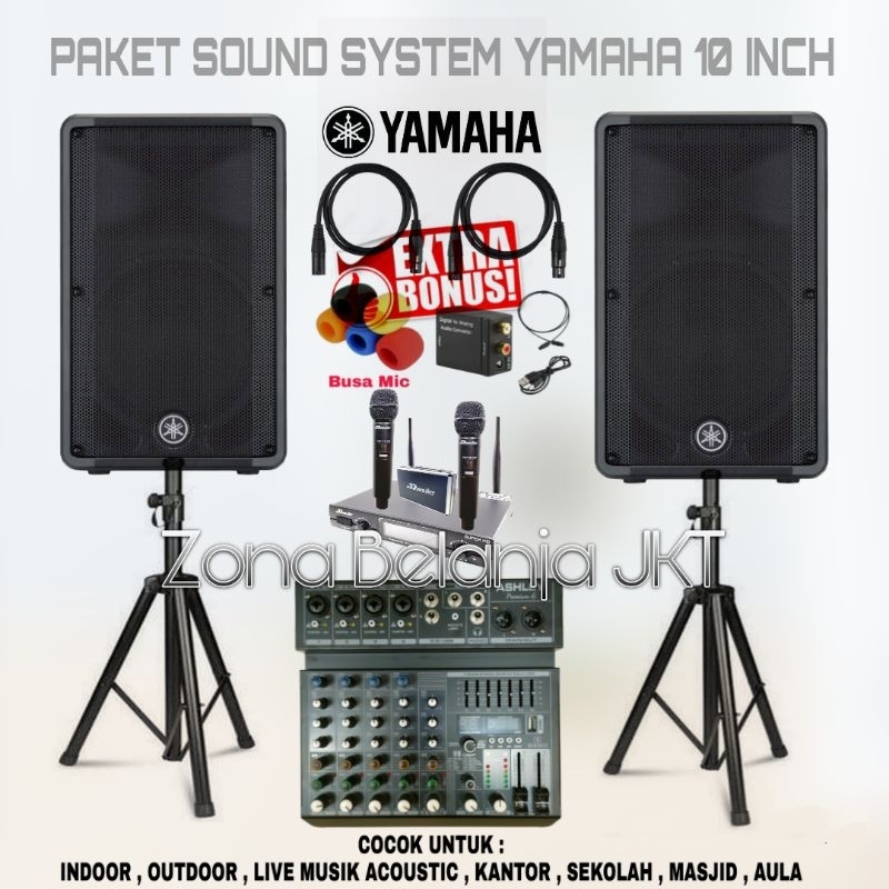 PAKET SOUND SYSTEM INDOOR OUTDOOR LIVE MUSIK SPEAKER YAMAHA DBR 10 10 INCH AKTIF MIXER 6 CHANNEL USB