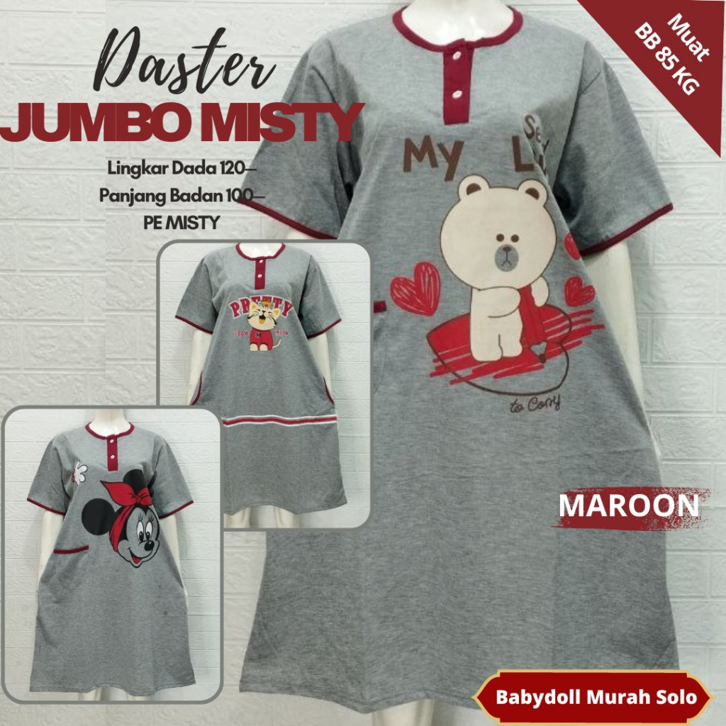 ( Grosir Isi 3 Pcs Daster Jumbo Misty) Daster Tidur Wanita Dewasa Bahan Kaos Big Size  Muat BB 90kg 