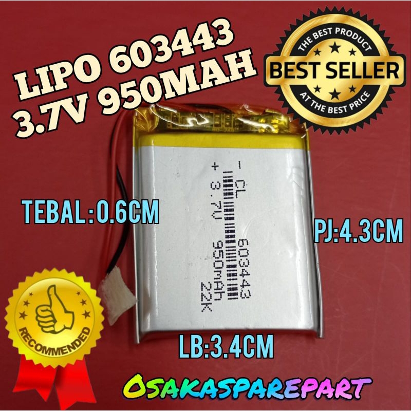Baterai Lithium ion Polymer LiPo 3,7V 950mAh 603443