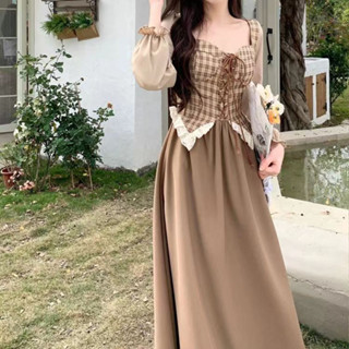 Dress Retro Coklat Lengan Panjang Premium Korea