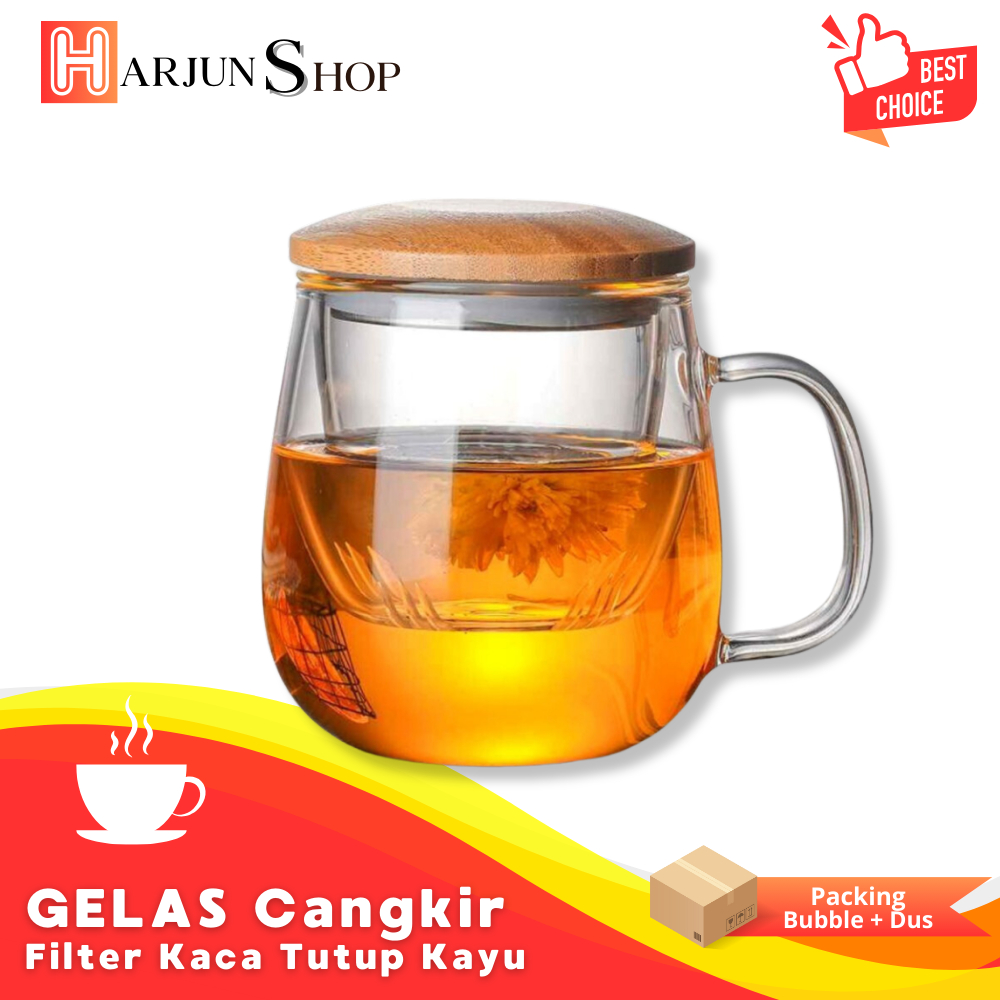 [Garansi Pecah] Gelas Kaca Cangkir Teh 3 in 1 dengan saringan Filter - Gelas Teh Kopi Filter Kaca da