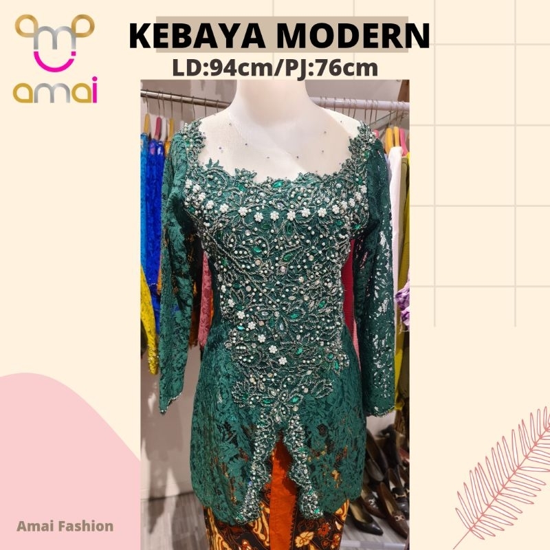 Kebaya Suhut Brokat Modern Hijau Botol Payet Jepang