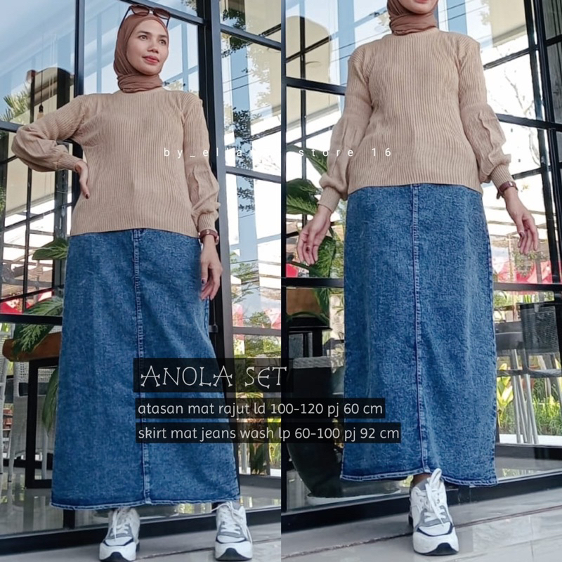 setelan rajut tangan balon dan rok jeans span