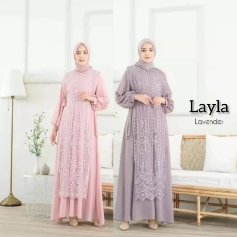 layla dress muslimah set iner gamis brukat akset mutiara payet terlaris