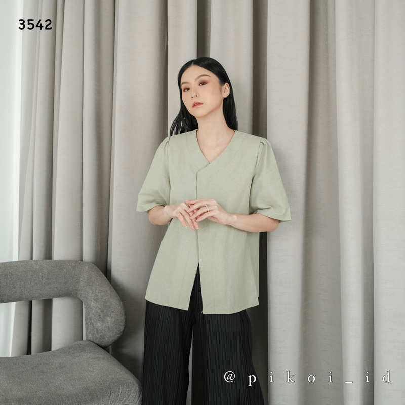 Atasan korea wanita katun linen / Basic top polos linen lengan pendek / baju asimetris 3542