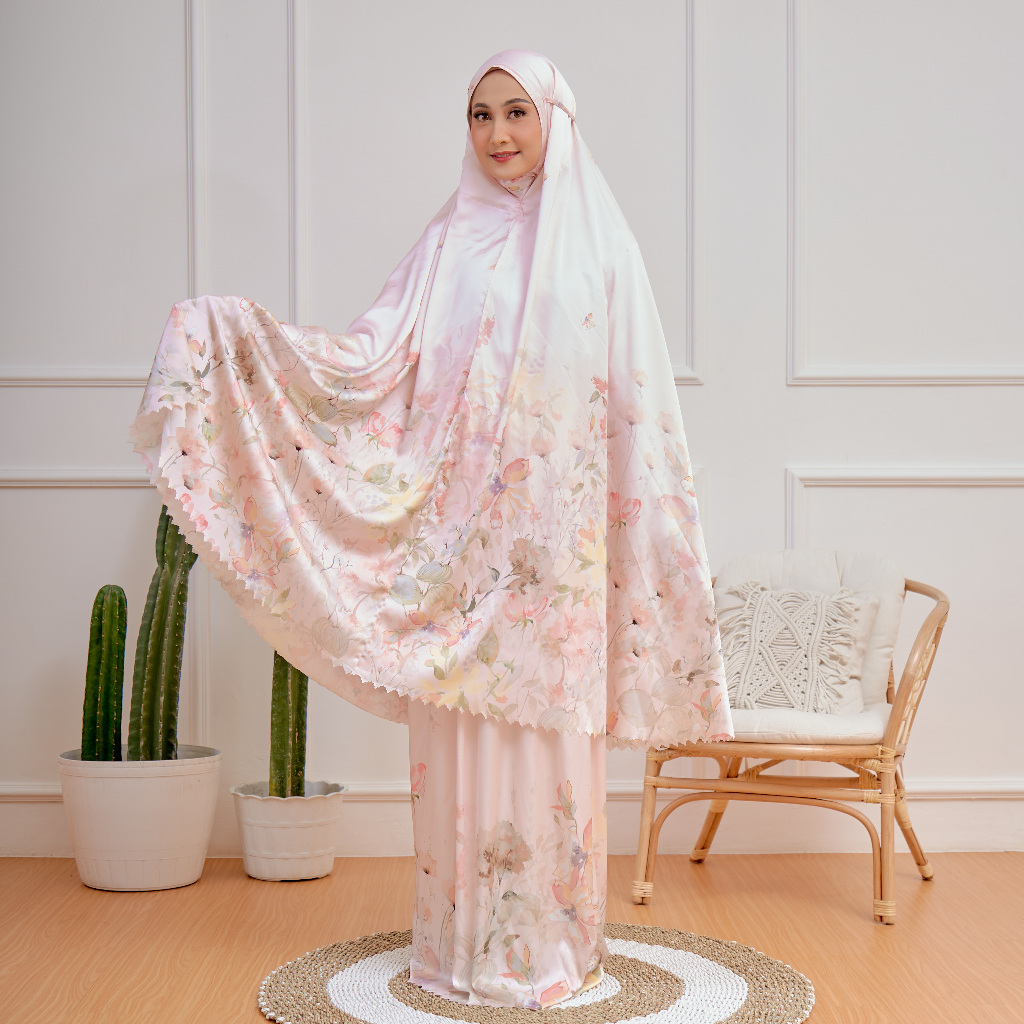 Veselka Mukena Dewasa Sekala Peach Passion Series All Size With Sajadah Traveling Bunga atasan bawah