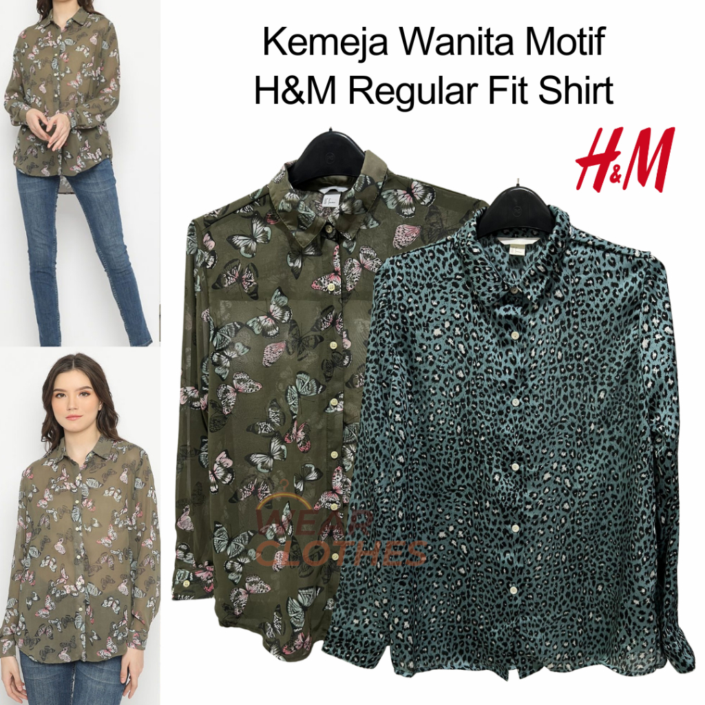 Kemeja Lengan Panjang Wanita [HM Printed Reguler Fit Shirt] Baju Kameja Kerja Cewek Motif