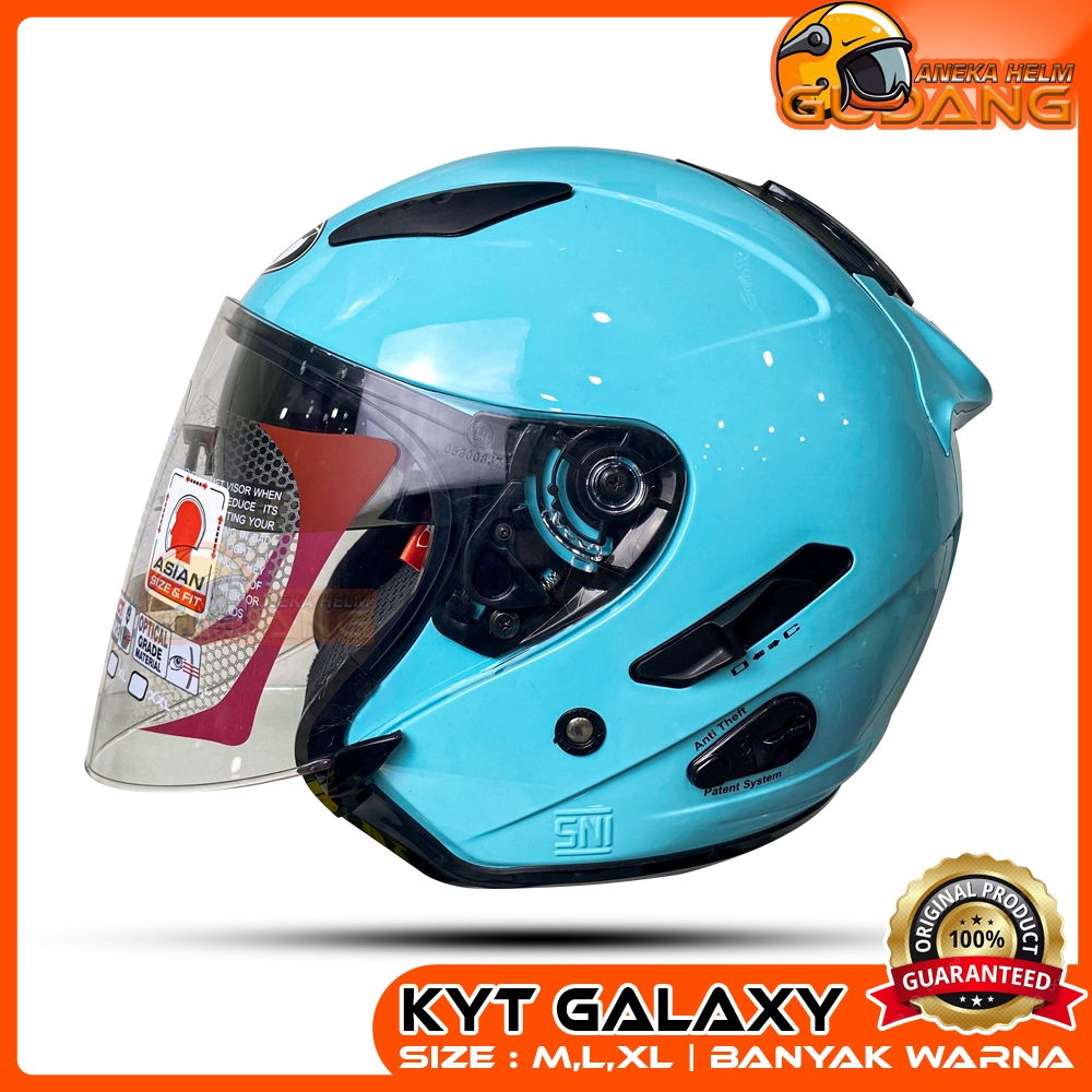 Helm KYT GALAXY FLAT R Double Visor Solid Biru Aqua Glossy Original 100% Half Face Paket Ganteng SNI
