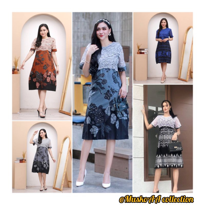 DRESS BROKAT WANITA LENGAN PENDEK DRESS KERJA BAHAN KATUN