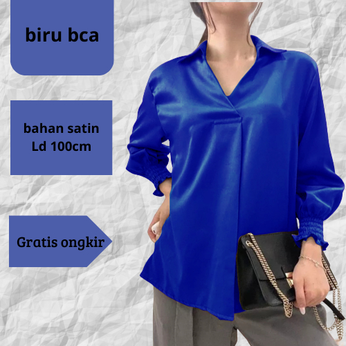 kemeja blouse atasan wanita bahan satin warna hitam biru unngu taro lengan karet