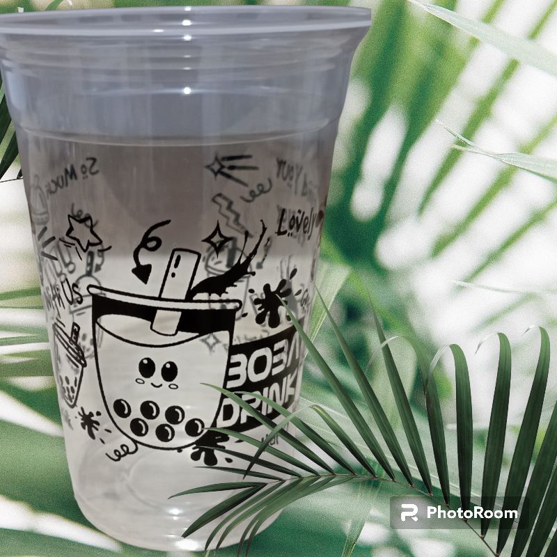 GGj Cup Plastik Motif Boba 14oz & 16oz (Harga /Pack Isi 50)