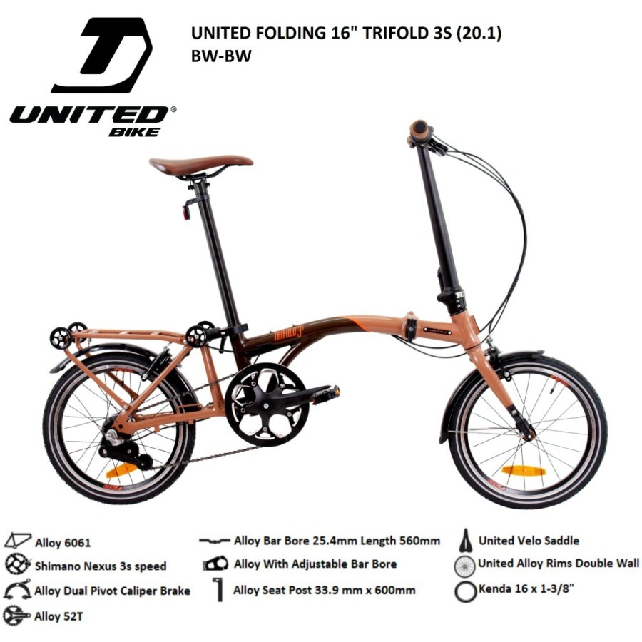 Sepeda lipat 16 inch united trifold alloy 3speed internal gear shimano boncengan bisa lipat kecil sn