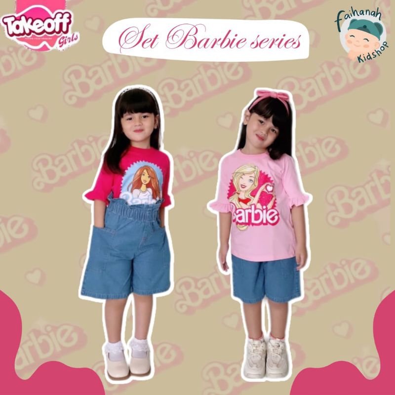 Set Baju Barbie Anak Perempuan Murah/ Set Short Jeans Barbie Take Off/ Set Baju Harian Anak 2-10T