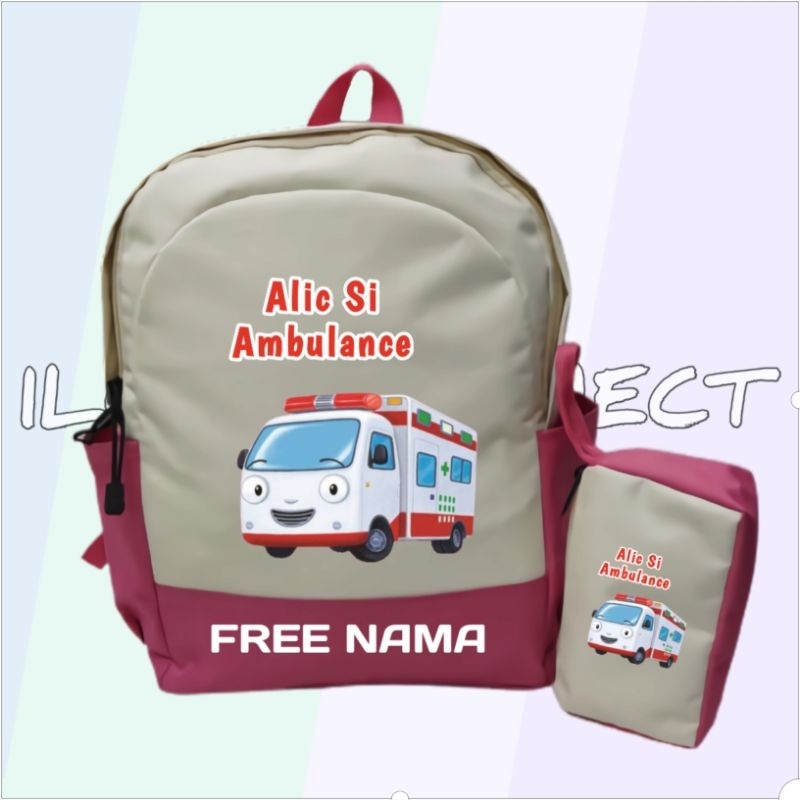 Tas Alice Si Ambulance Anak Perempuan Ransel Sekolah Anak TK SD Custom Gambar Mobil Ambulance Kartun
