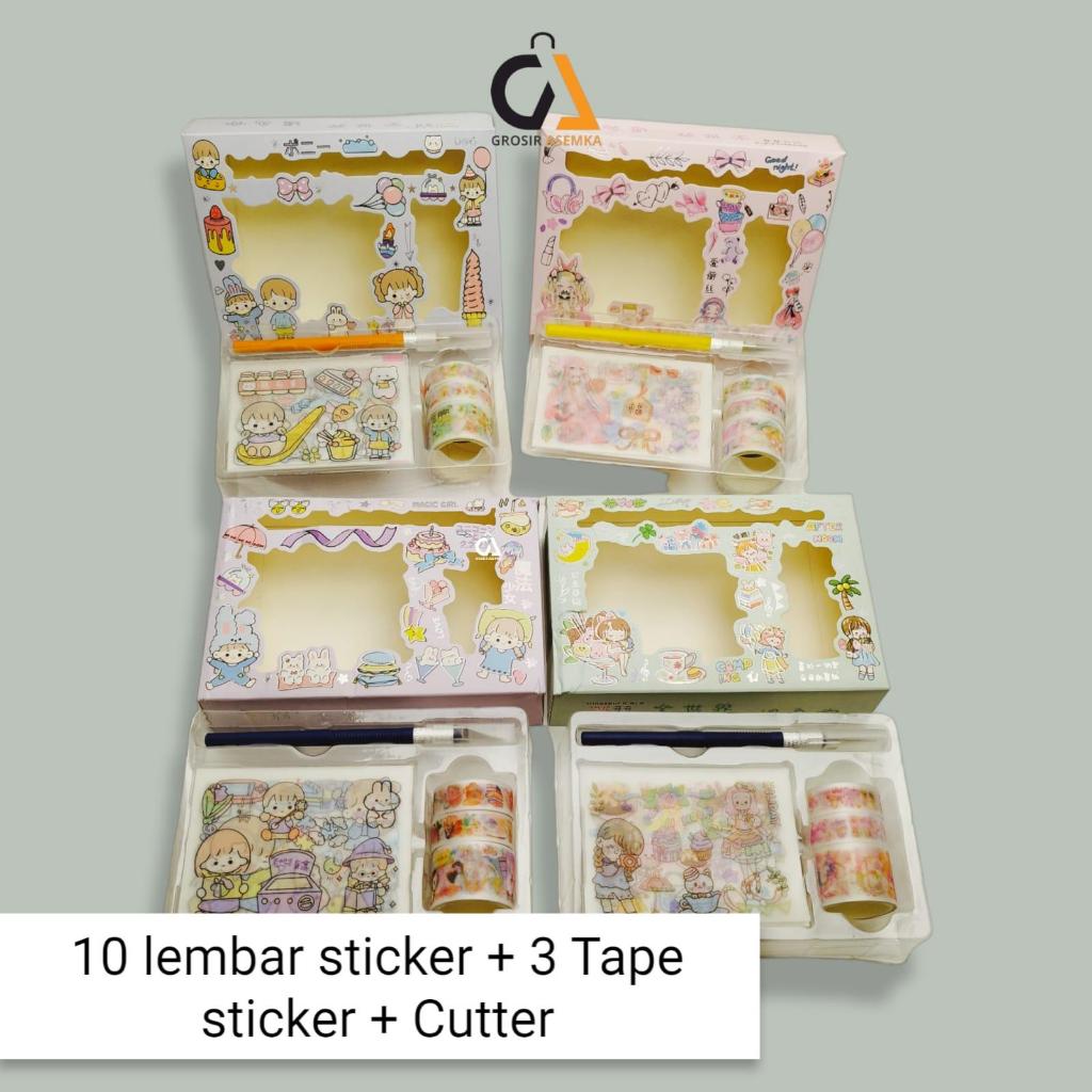 

Stiker 1 Set Cutter Pen Box Premium Karakter Lucu + 3 Roll Stiker + 10 Stiker Super Cute