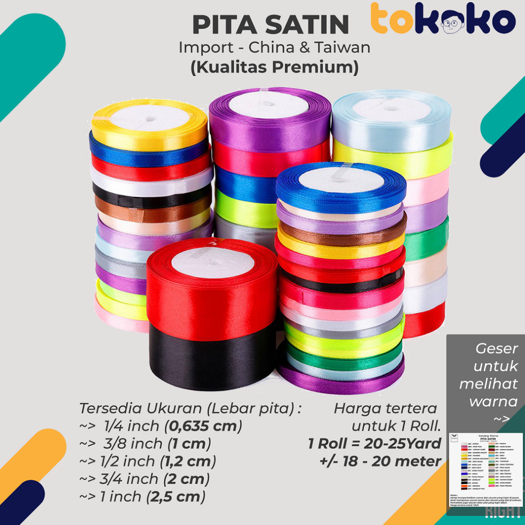 

Pita Satin merk EAGLE IMPORT Taiwan 1/4 inch 1cm 1,2cm 2cm 2,5cm Aneka Ukuran dan Aneka Warna