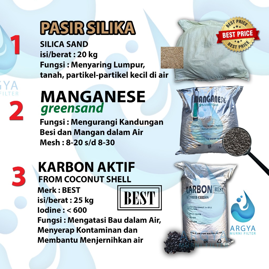 Paket 3 Media Filter Air untuk Tabung FRP : Pasir Silika 20 Kg + Manganese Greensand 25 Kg + Karbon 