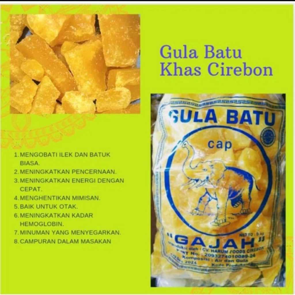 

GULA BATU KUNING CAP GAJAH KHAS CIREBON/KEMASAN 500gr BONUS+1PCS TEH