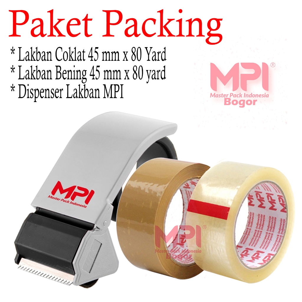 

Paket Packing - Lakban Coklat & Lakban Bening 45mm x 80 yard + Dispenser Lakban MPI