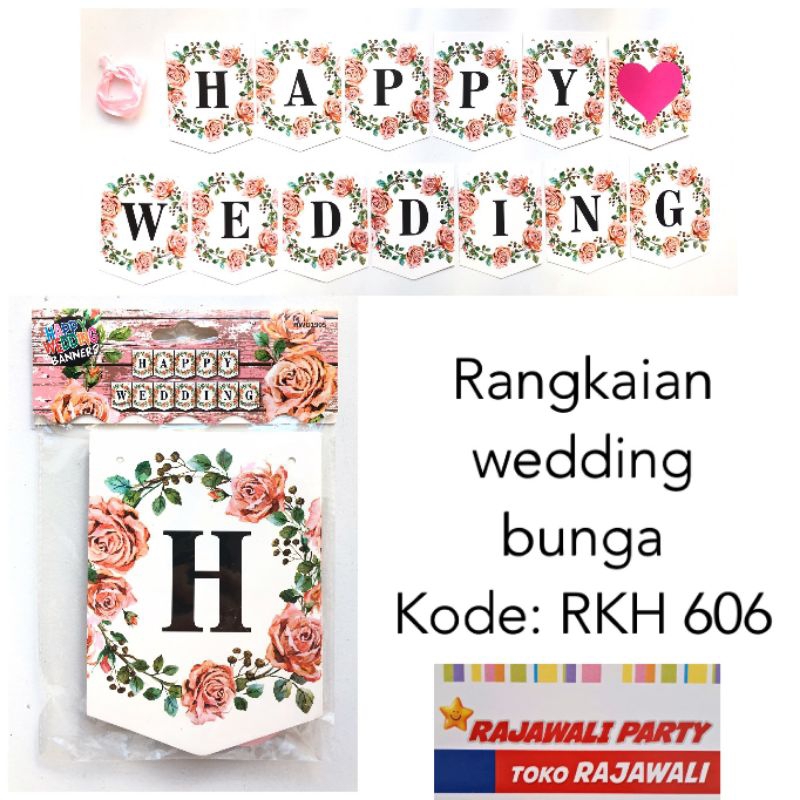 Banner Happy Wedding Bunga Putih/Bunting Flag Wedding/Rangkaian Tulisan Happy Wedding Kertas Rajawal