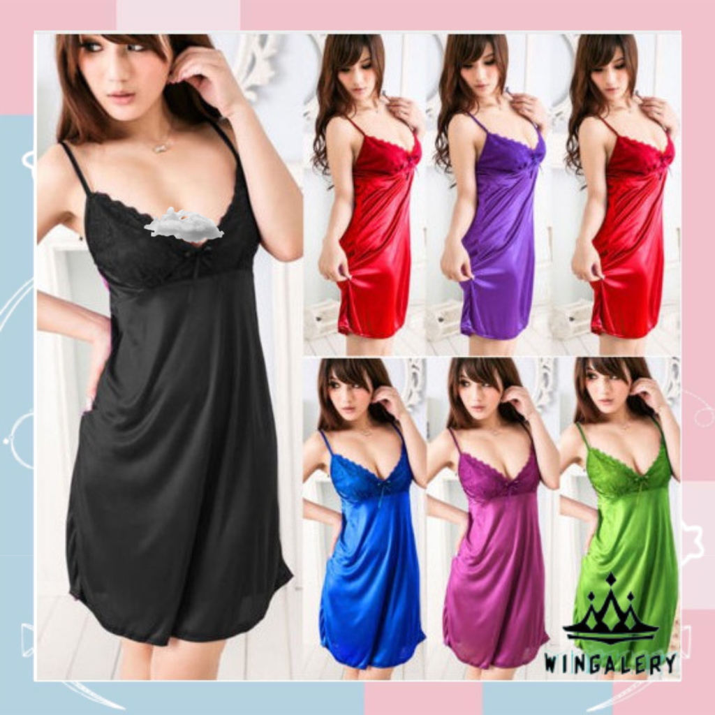 WINGALERY Lingerie Bahan Satin Tanpa Lengan Model Mini Daster 3018