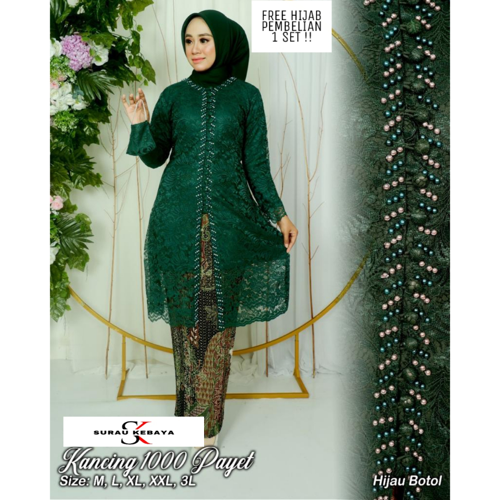 Gratis Hijab Setelan Kebaya Brokat Tunik Kancing Seribu/ Kebaya Brokat Cocok Untuk Ibu Hajat Dan Pes