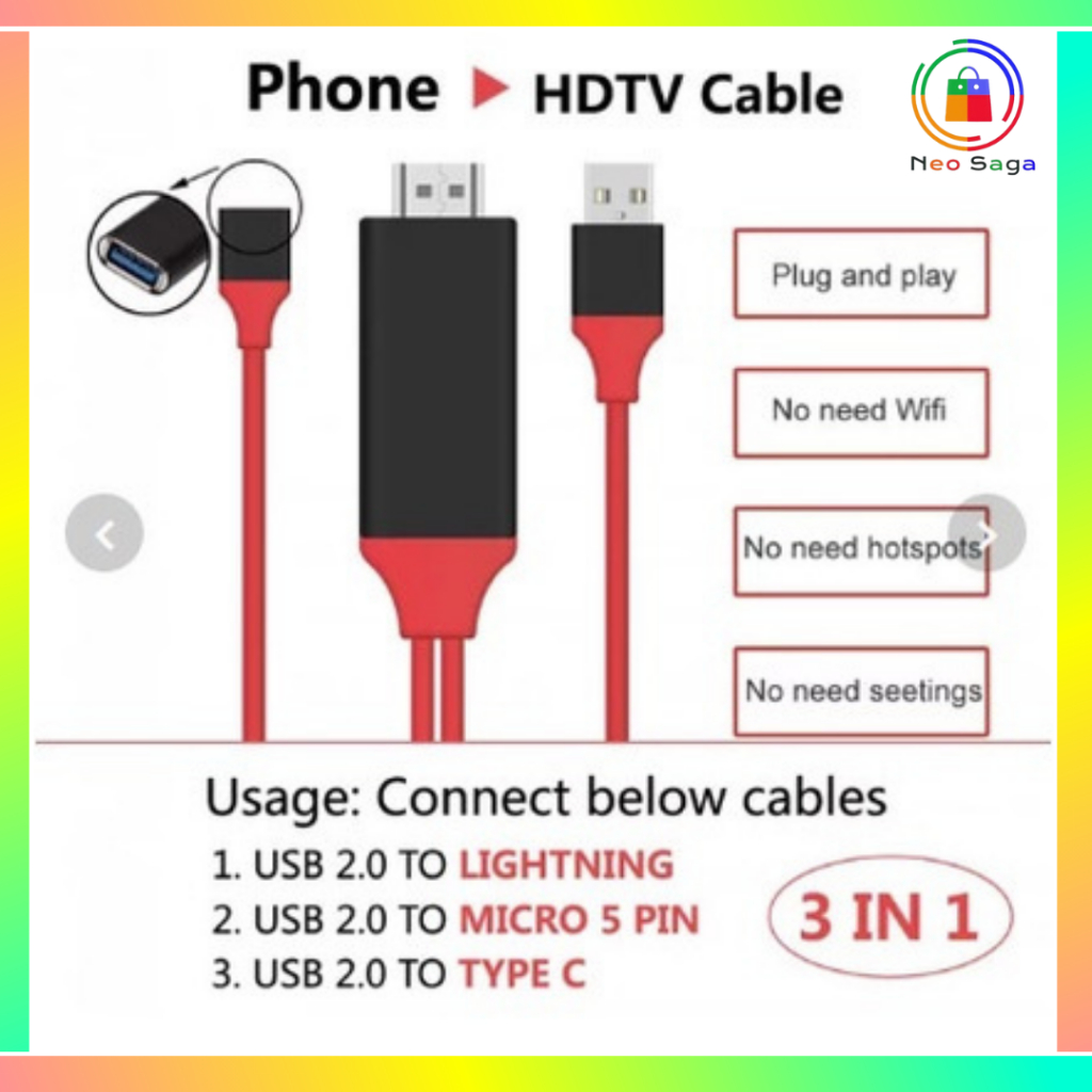 Kabel 3 IN 1 Phone TO HDMI / HDTV Video Cable For All Phone