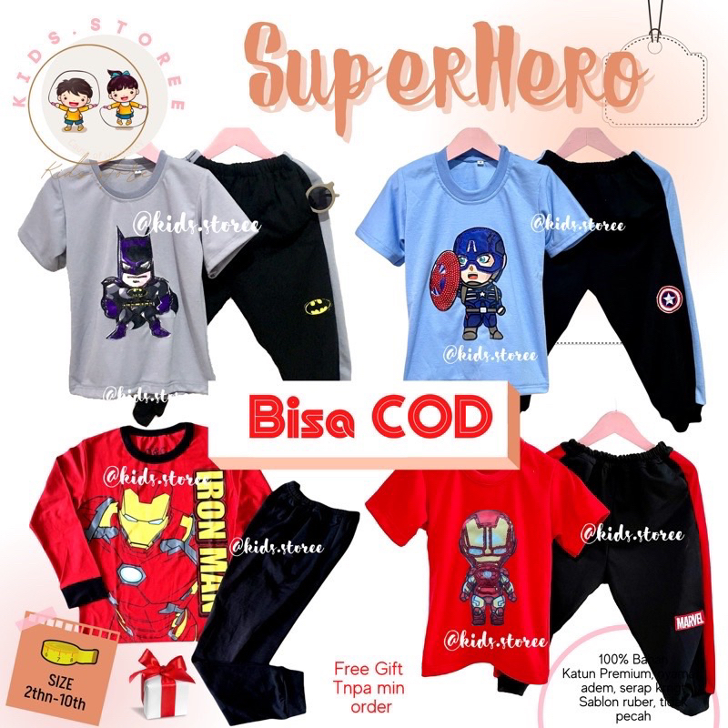 Setelan Stelan set kaos atasan anak laki laki menyala led motif superhero superhero batman captain a
