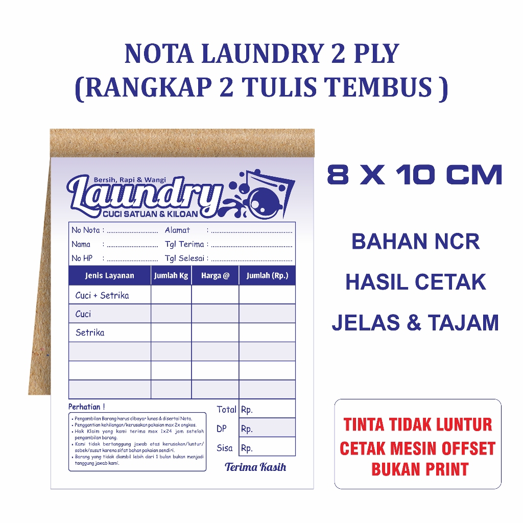 Jual Nota Laundry kecil 2 ply, Nota Bon Laundry NCR Carbon dan HVS
