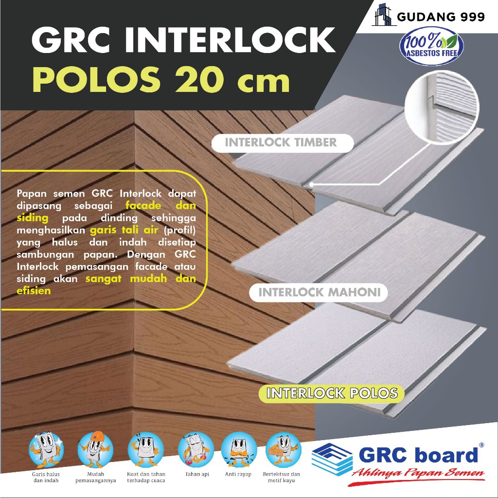 GRC Polos Interlock 20 cm / Wall Sliding / Dinding Urat Kayu Tali Air