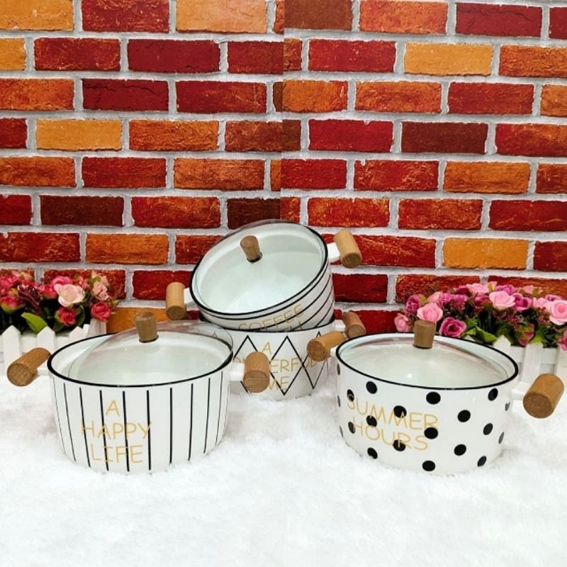 Mangkok / Mangkuk Keramik Pegangan Kayu + Tutup Kaca Polkadot Garis