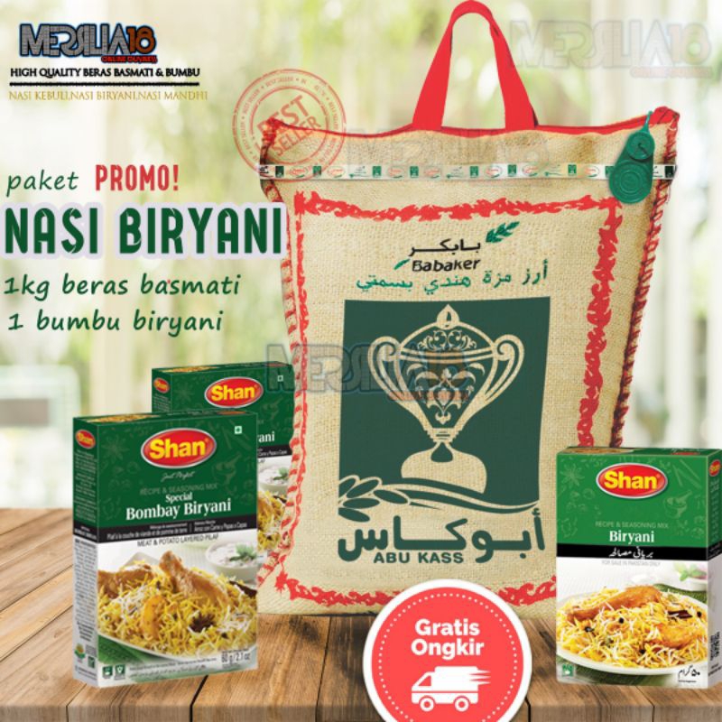 

Paket beras basmati Abukass 1 kg + 1 bumbu beryani 65 gram