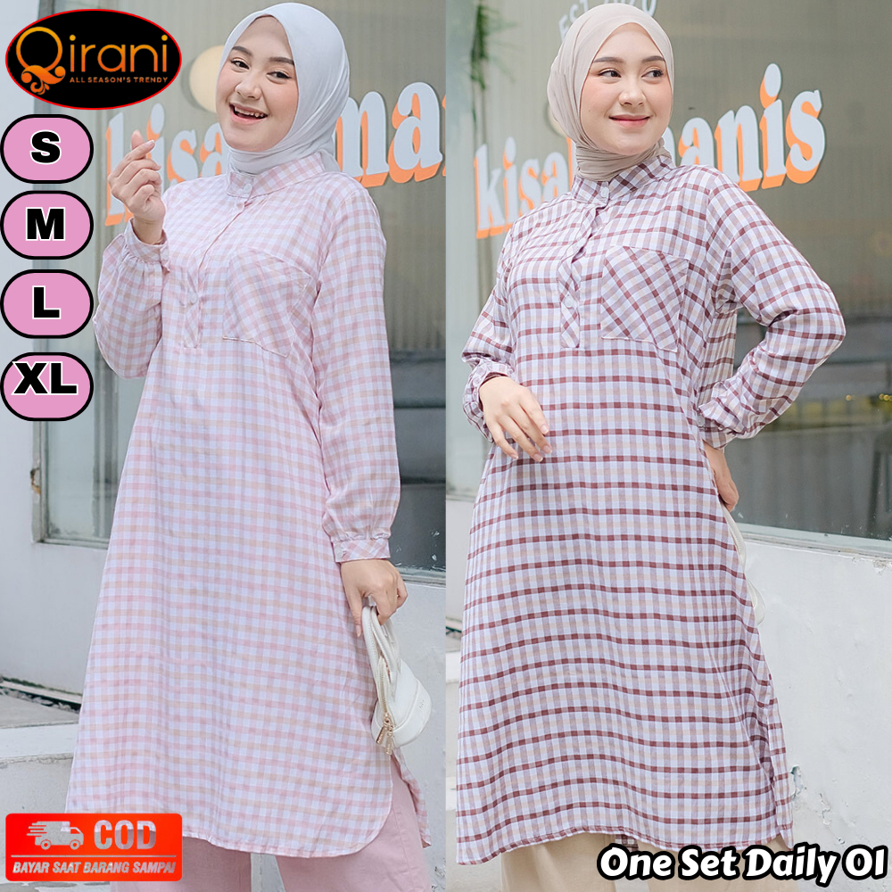 Baju Setelan Muslimah Atasan Tunik Bawahan Celana Kulot Panjang Model Modern Motif Garis Kotak Katun