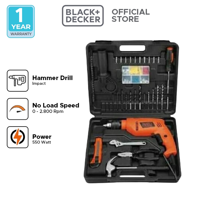 Black+Decker Impact Drill Kit / Bor Impact Listrik Set 550W 13mm 100Acc HD555KMPR-B1