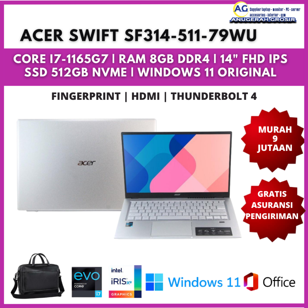 LIMITED  Laptop Acer Swift 3 Sf314-511-79wu Core I7 Intel Evo Gen11 Ram 8gb Ssd 512gb 14" Windows 11 Original